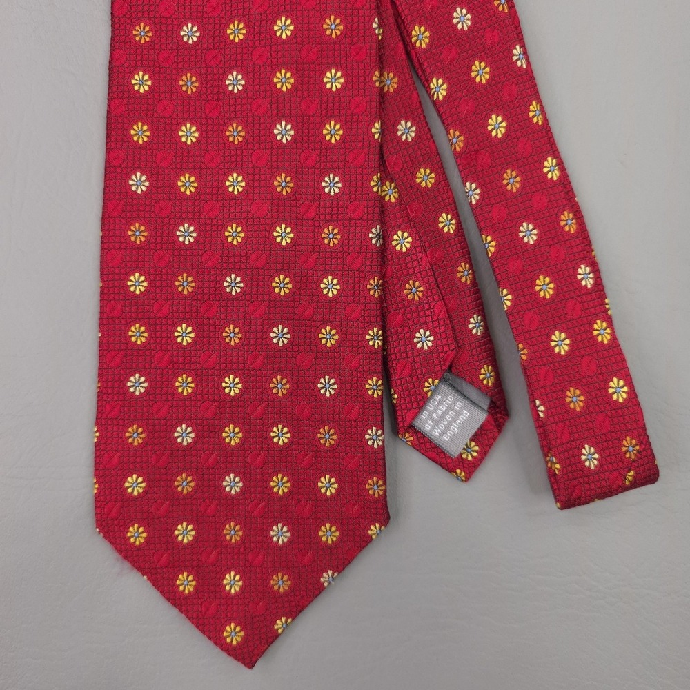 Hickey Freeman Tie Mens Red Silk Floral Woven Handmade England USA Necktie